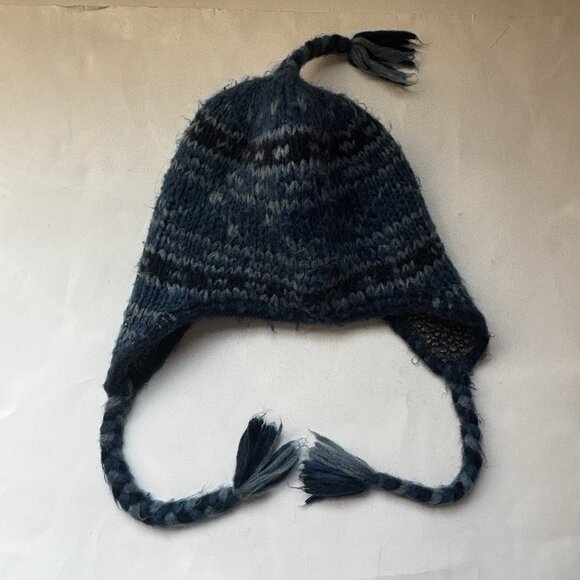 Vintage Chaos Ear Flap Hat Beanie Knit Soft Winter Warm Blue Gray Pom Pom - Picture 11 of 11